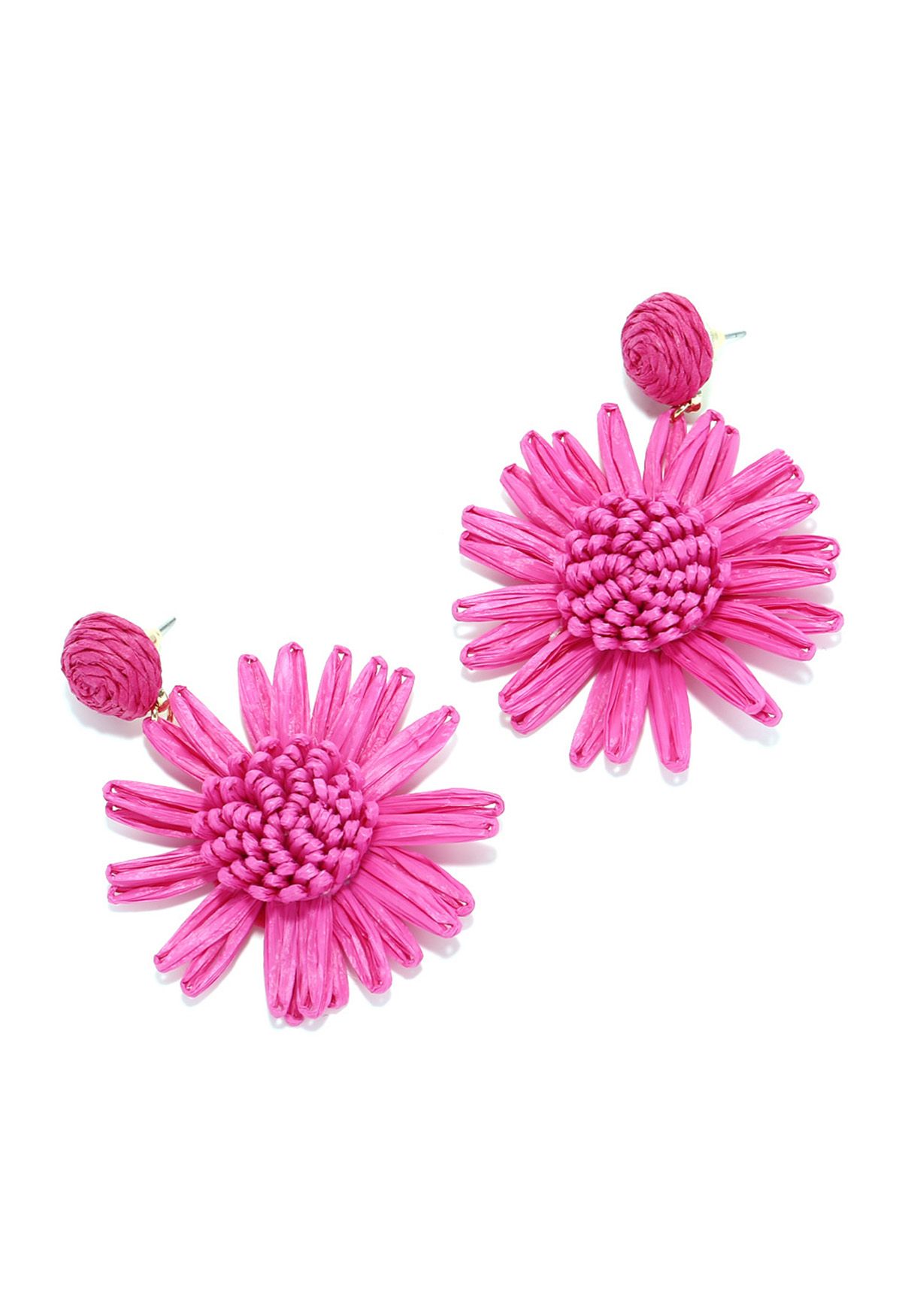 Sunflower Raffia Handmade Woven Earrings in Magenta