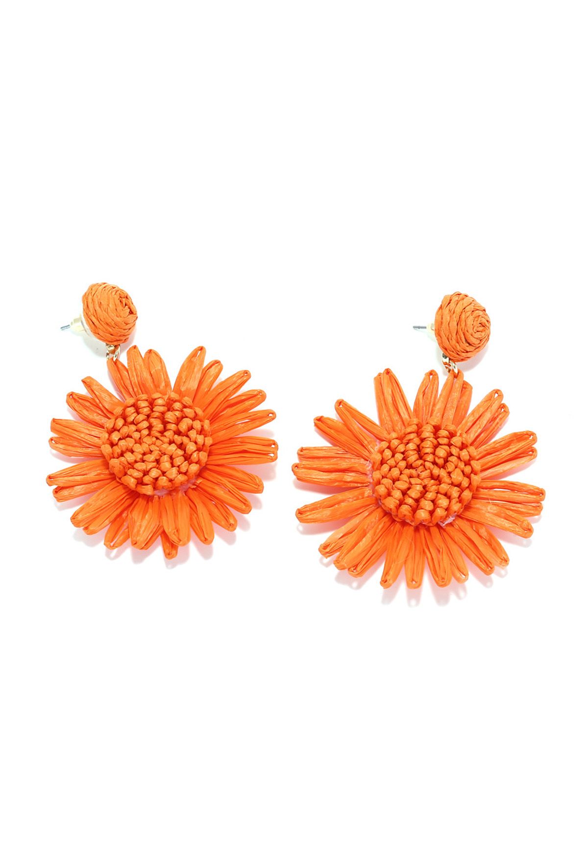 Sunflower Raffia Handmade Woven Earrings in Orange