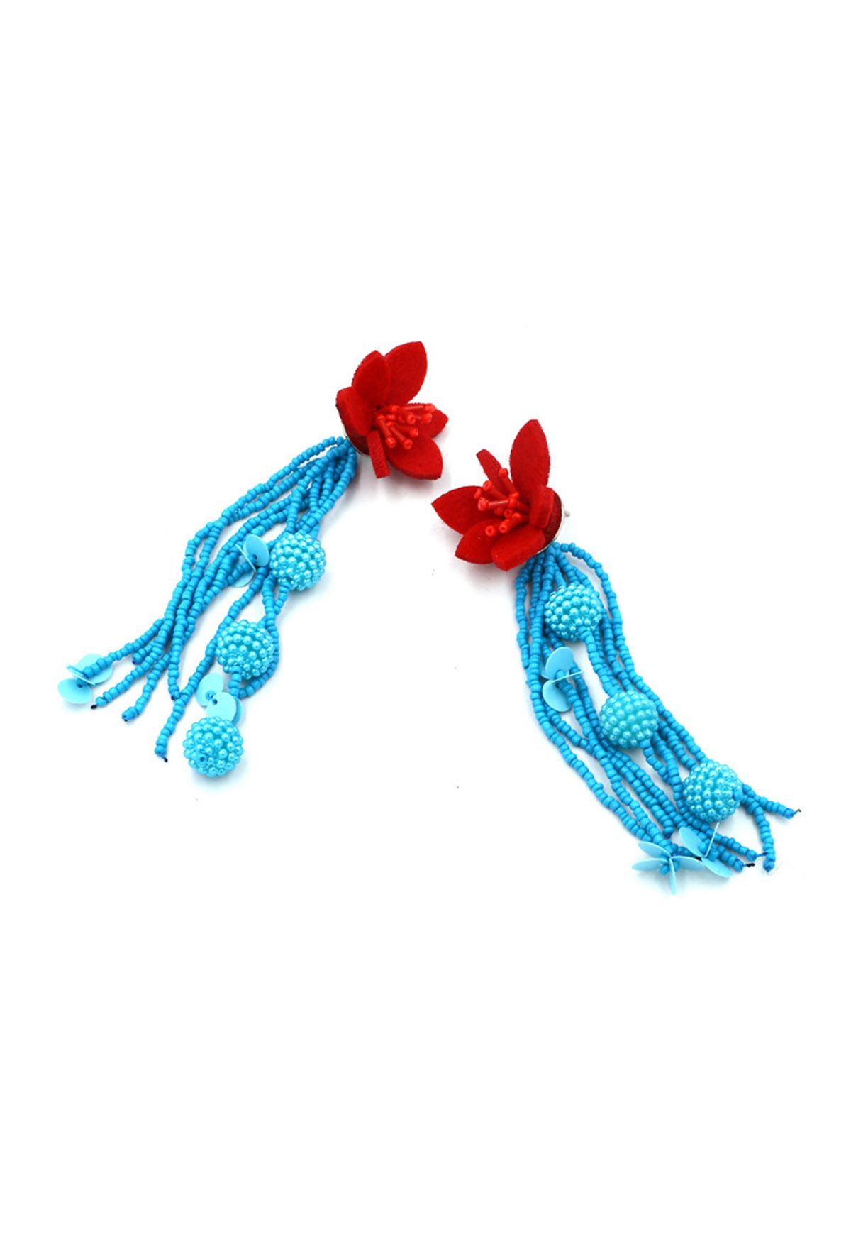 Red Flower Beaded Tassel Earrings