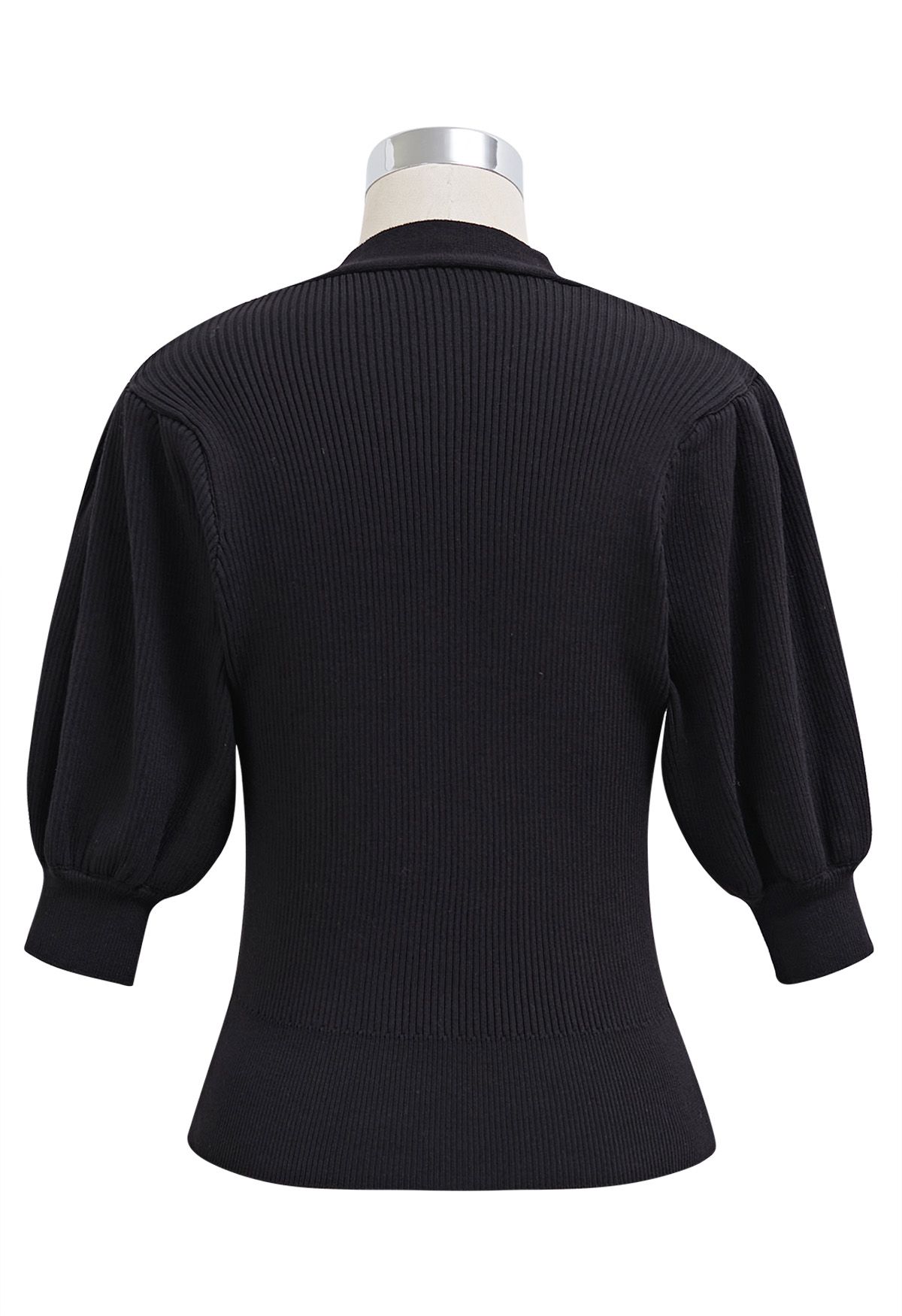 Bubble Sleeve V-Neck Buttoned Knit Top in Black