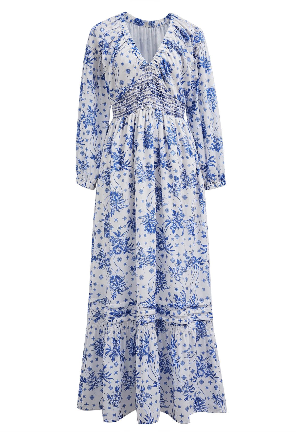 Floral Print Puff Sleeve Shirred Maxi Dress