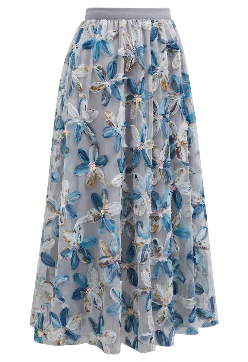 Petal Symphony Double-Layered Mesh Midi Skirt in Blue