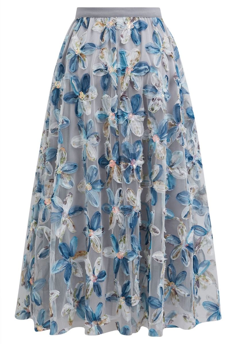 Petal Symphony Double-Layered Mesh Midi Skirt in Blue