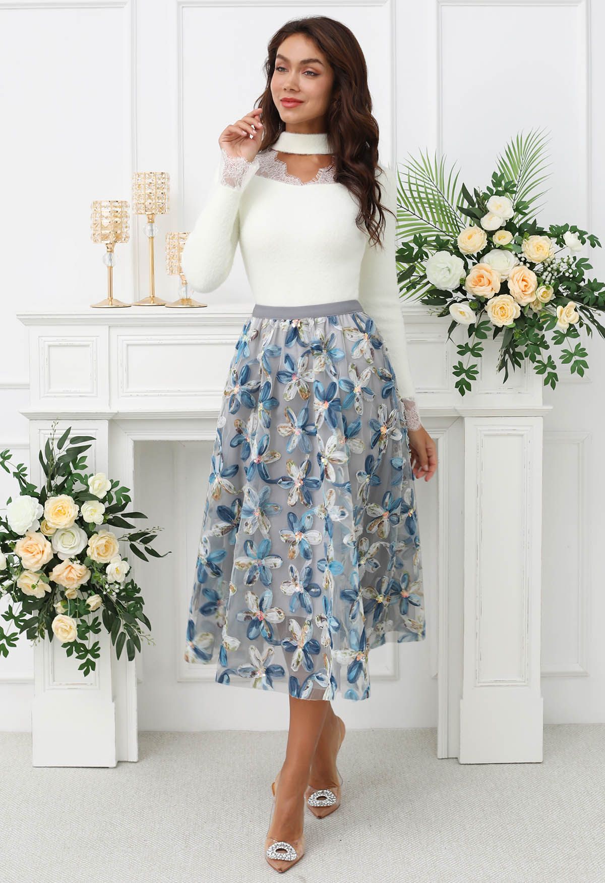 Petal Symphony Double-Layered Mesh Midi Skirt in Blue