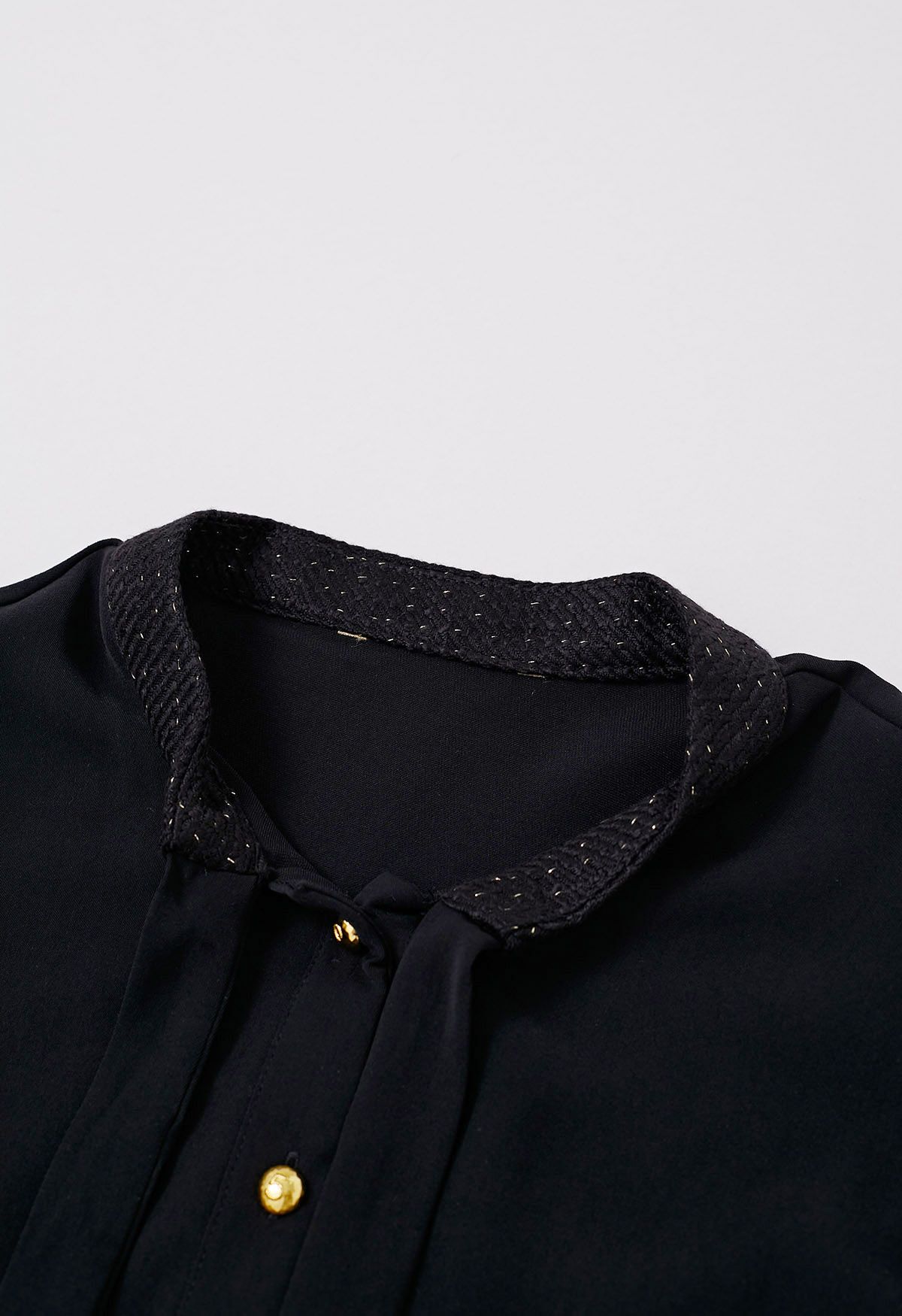 Self-Tie Bowknot Tweed Spliced Shirt in Black