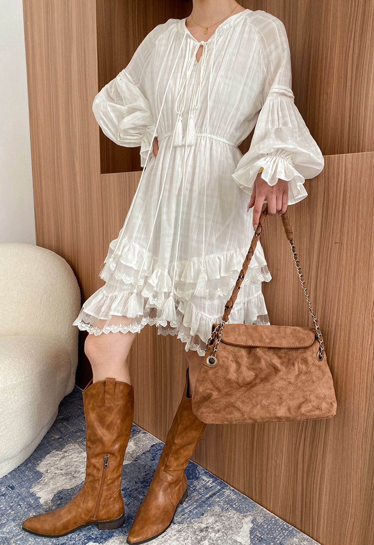 Tiered Ruffle Lace Trim Lantern Sleeves Asymmetric Midi Dress