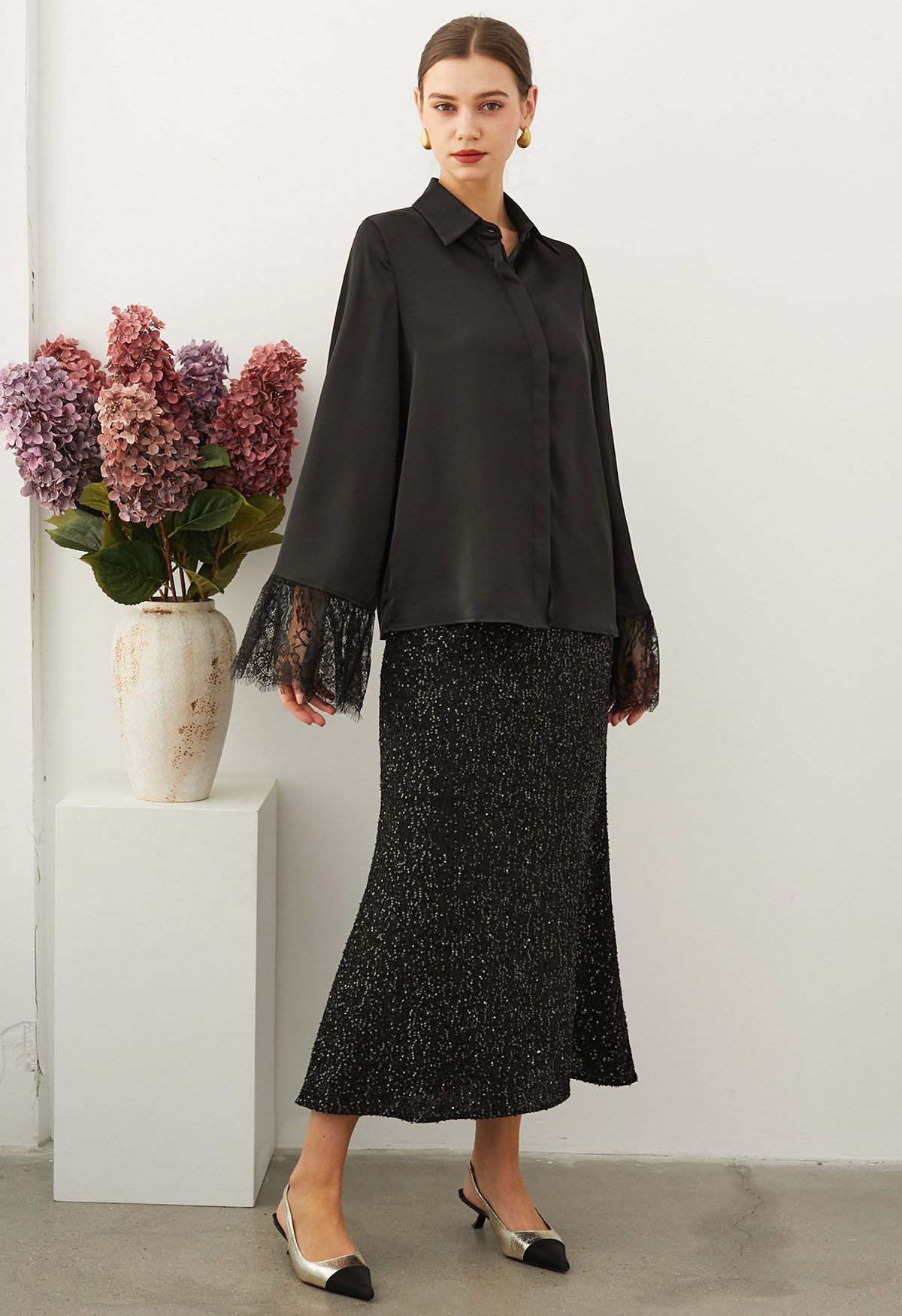 Lace Cuff Bell-Sleeve Satin Shirt in Black