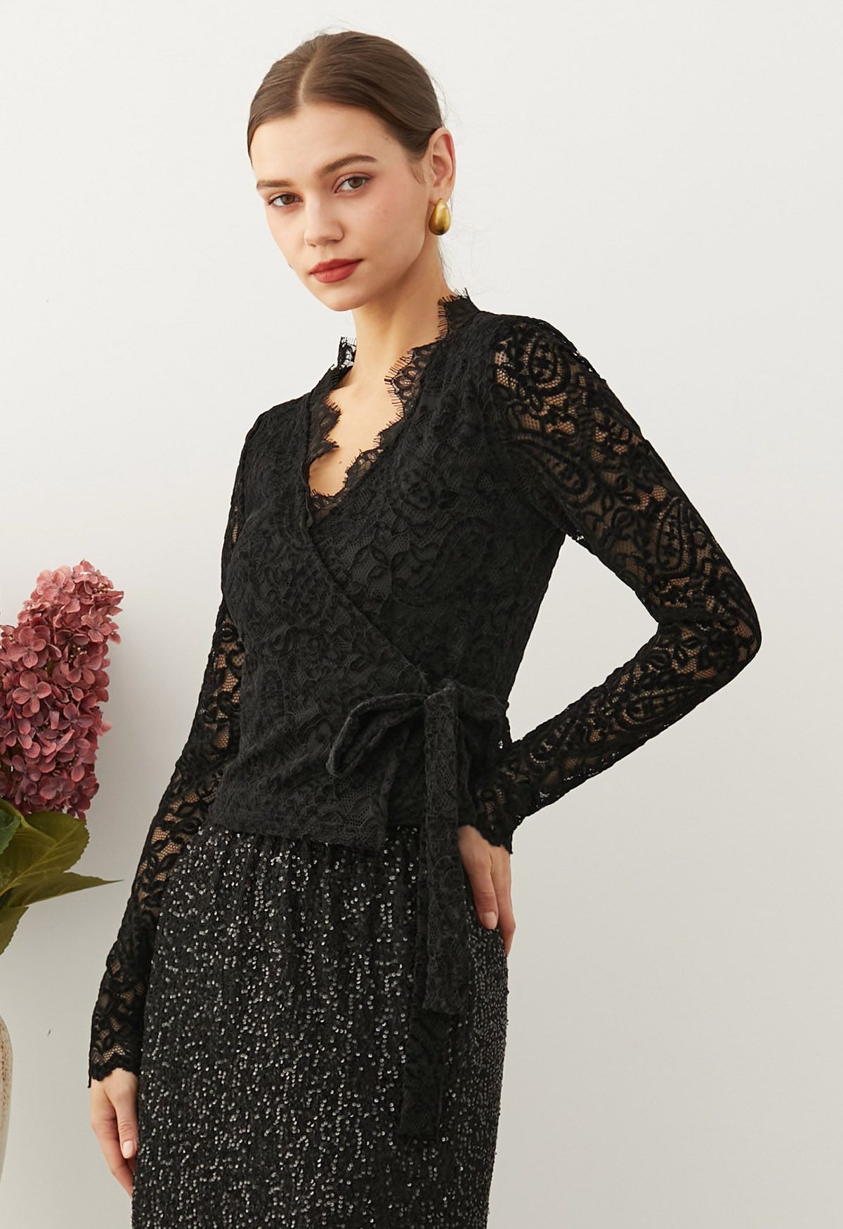 Paisley Full Lace Tie Waist Wrap Top in Black