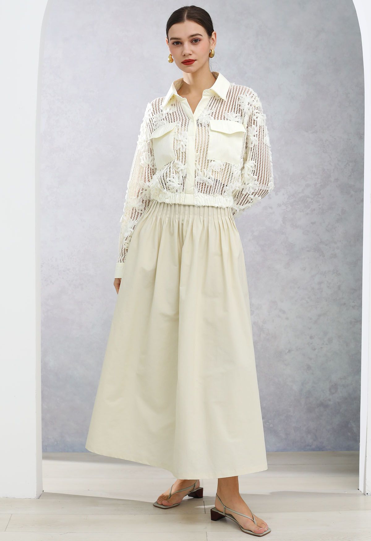 Casual Pleated Waist Cotton Maxi Skirt in Cream