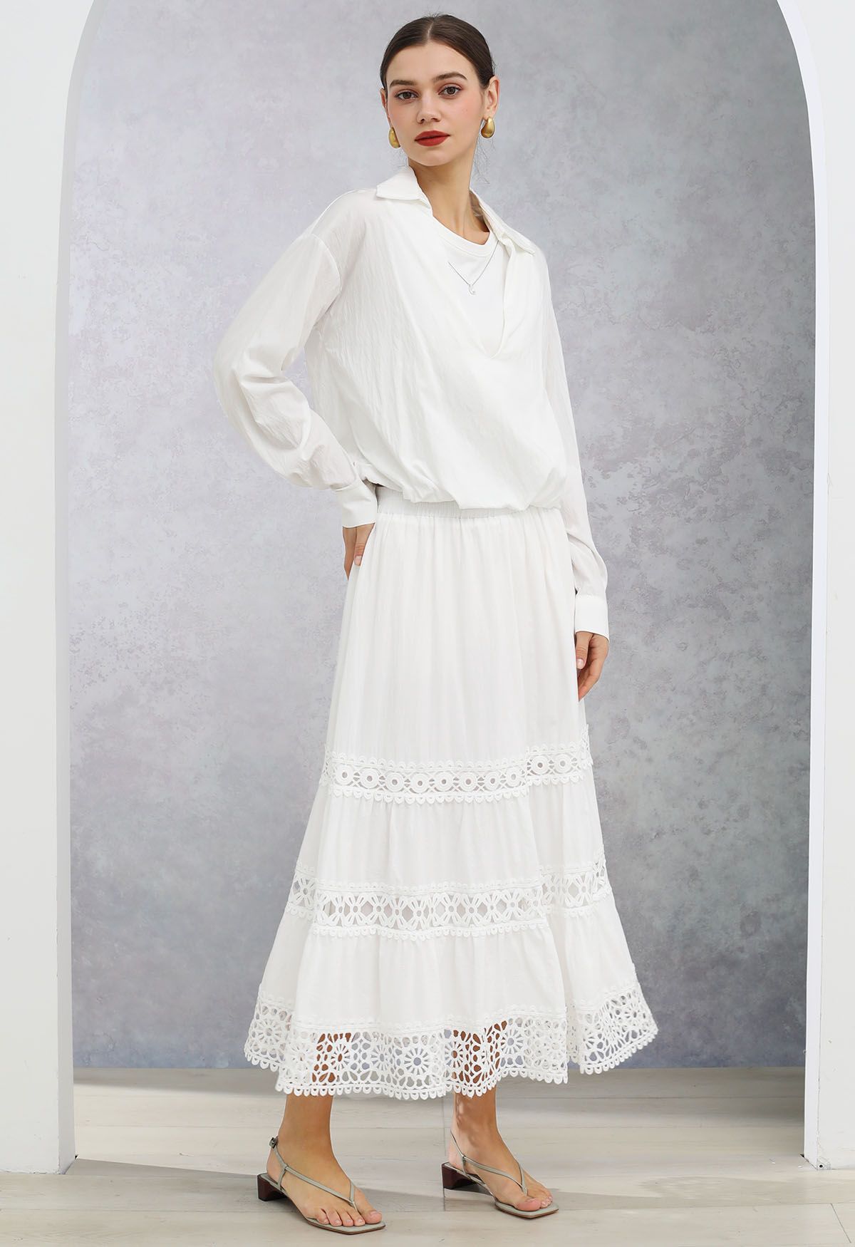 Geometric Lace Maxi Skirt in White