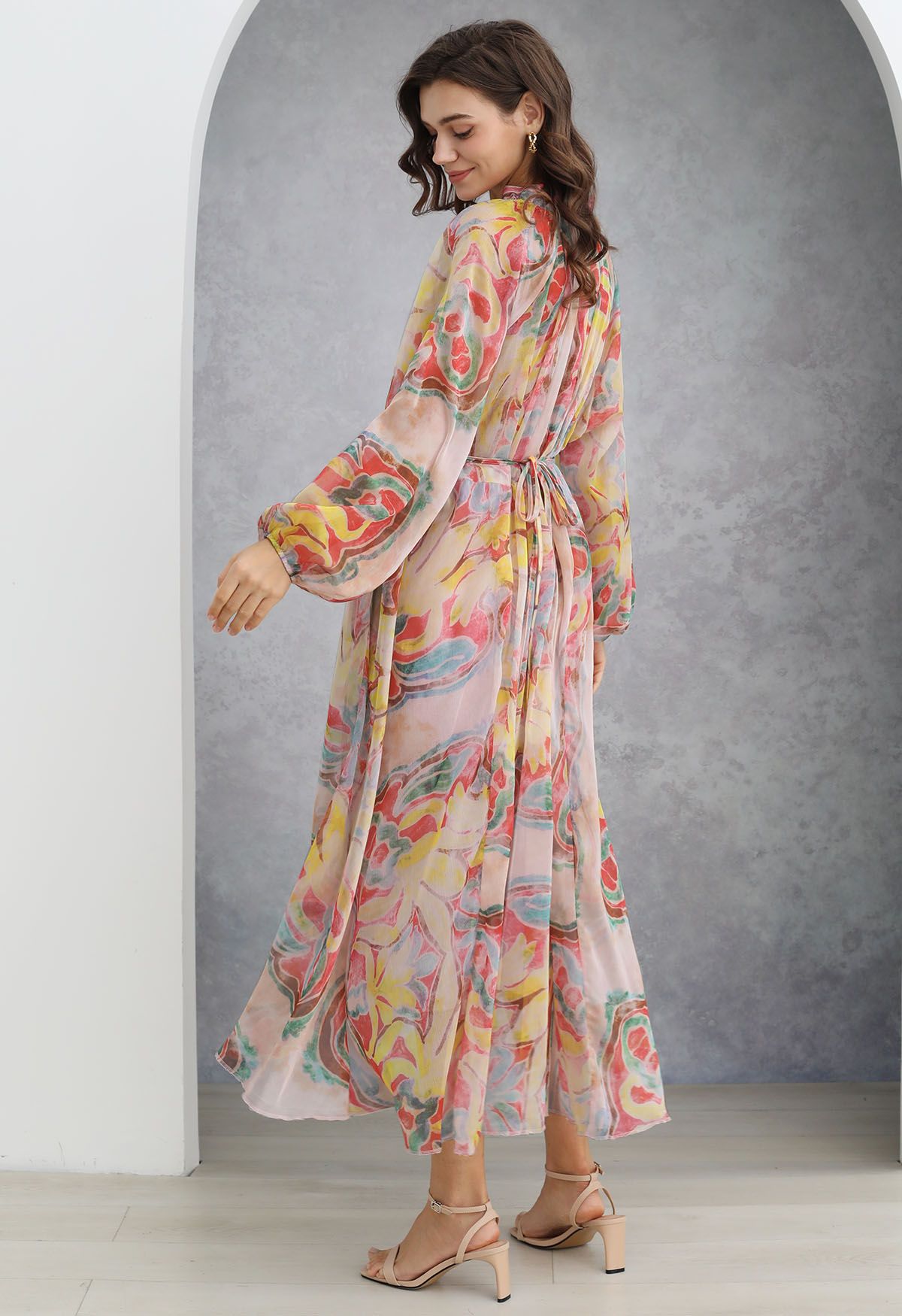 Breezy Tie-Neck Long Sleeve Chiffon Hi-Lo Dress