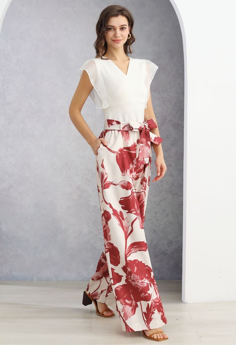 Red Bouquet Printed Wide-Leg Pants