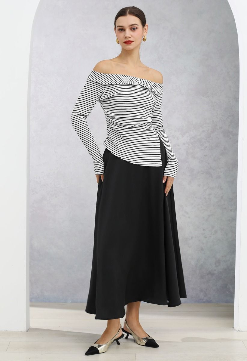 Flap Off-Shoulder Asymmetric Ruched Top in Stripe