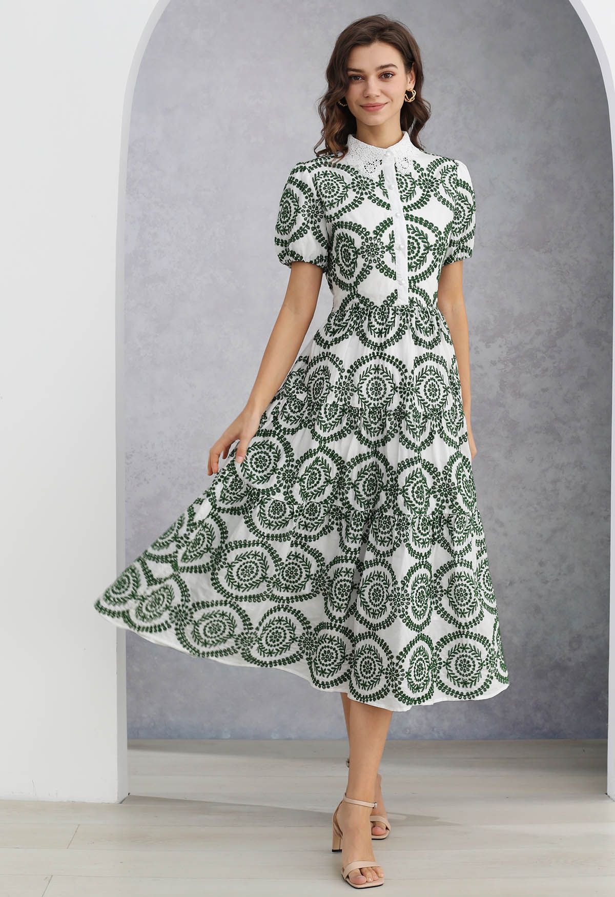 Crochet Collar Green Embroidered Eyelet Cotton Dress