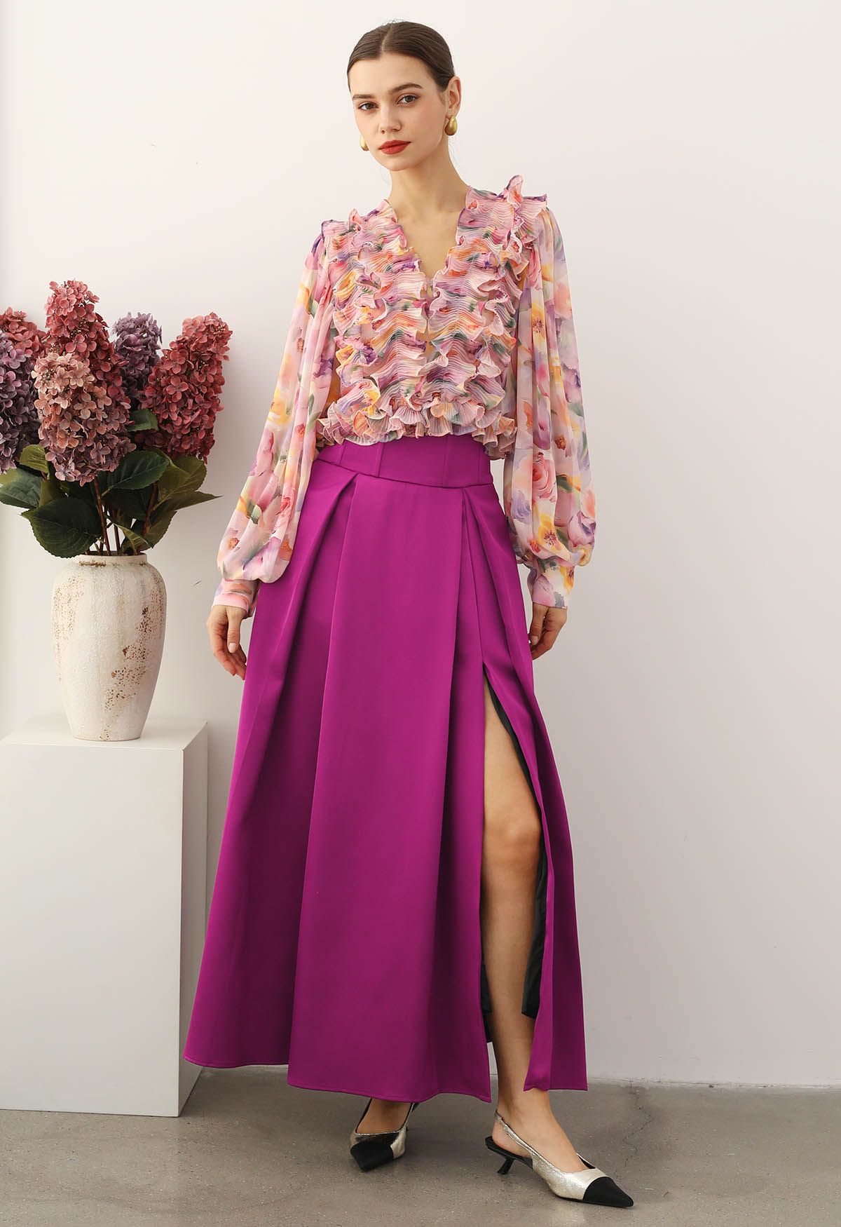 High-Slit Seamed Waist Pleated Satin Maxi Skirt in Magenta