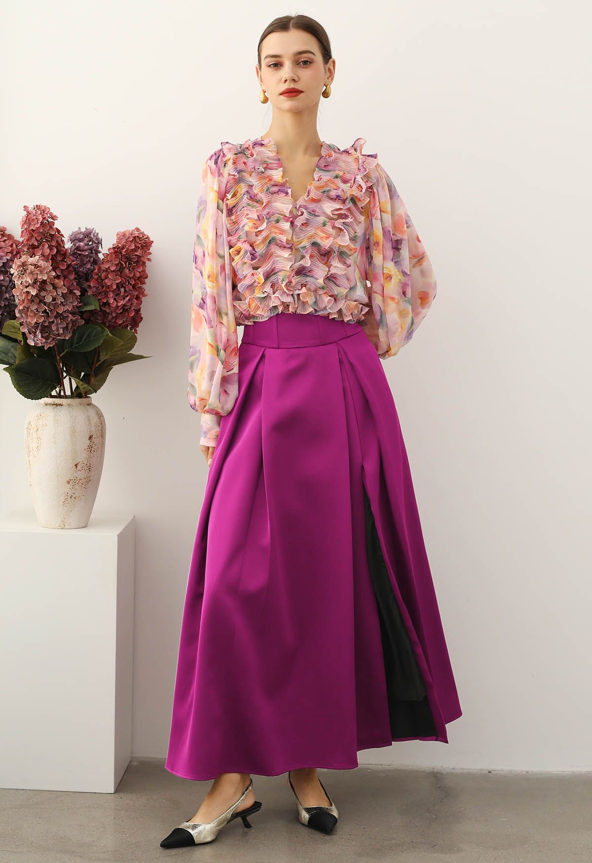 High-Slit Seamed Waist Pleated Satin Maxi Skirt in Magenta