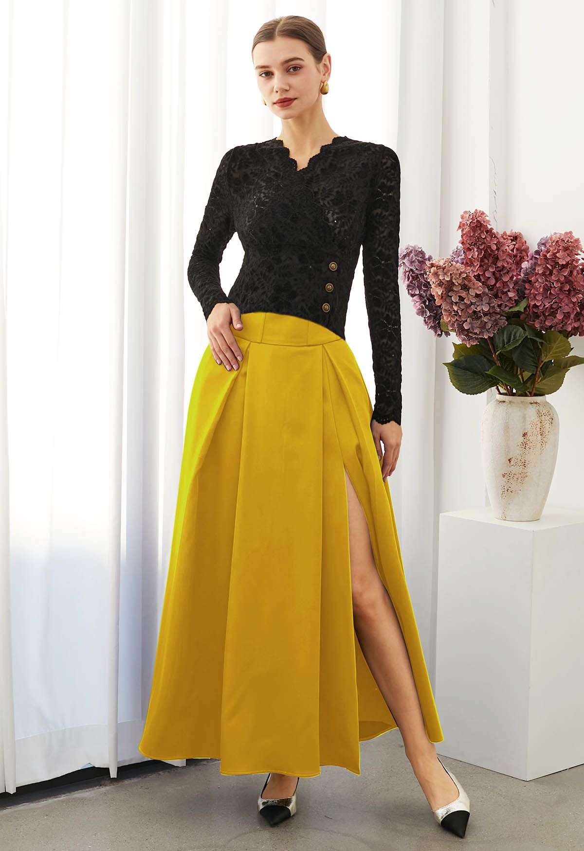 High-Slit Seamed Waist Pleated Satin Maxi Skirt in Yellow