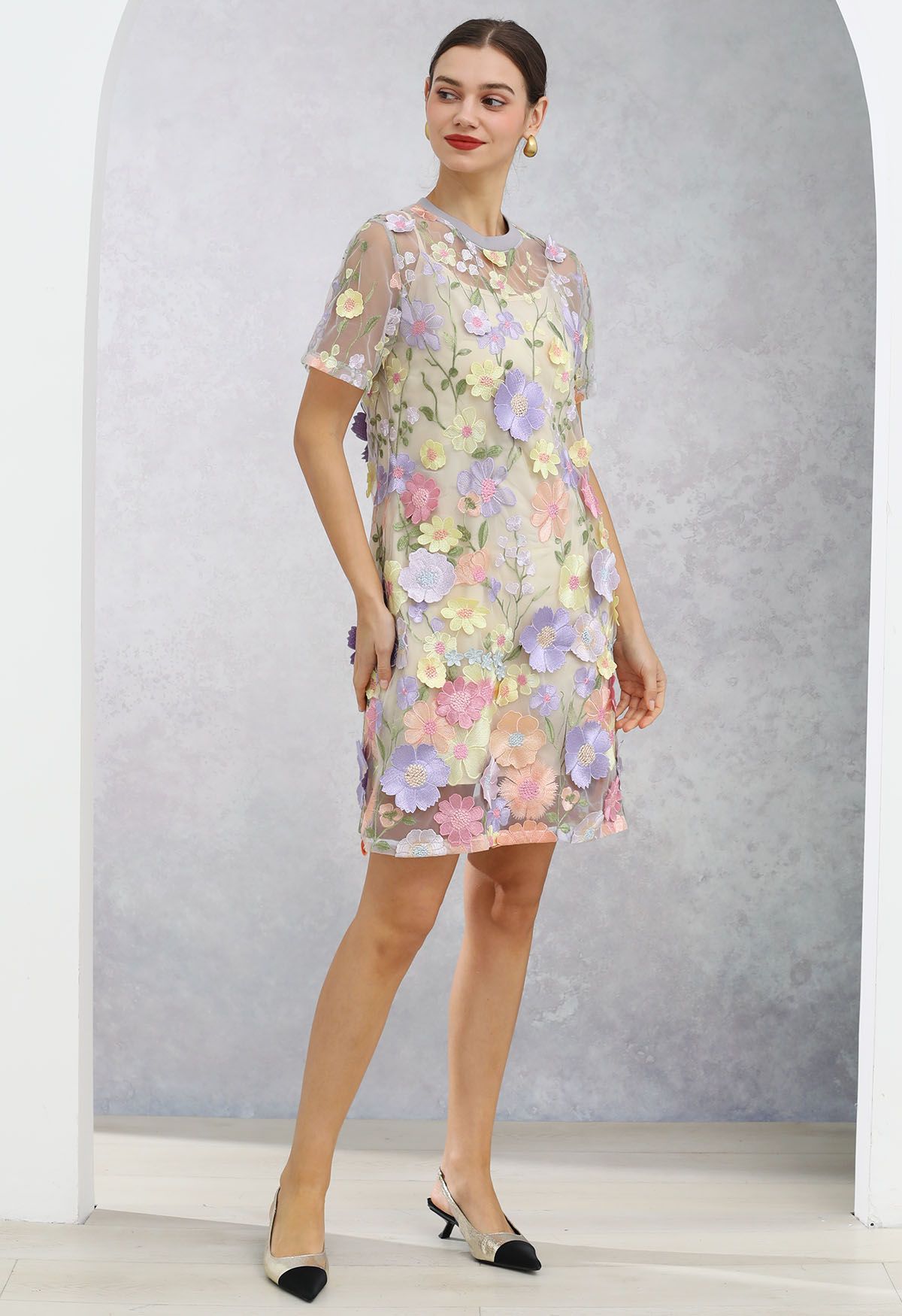 3D Floral Applique Sheer Mesh Cover-Up Dress in Lavender