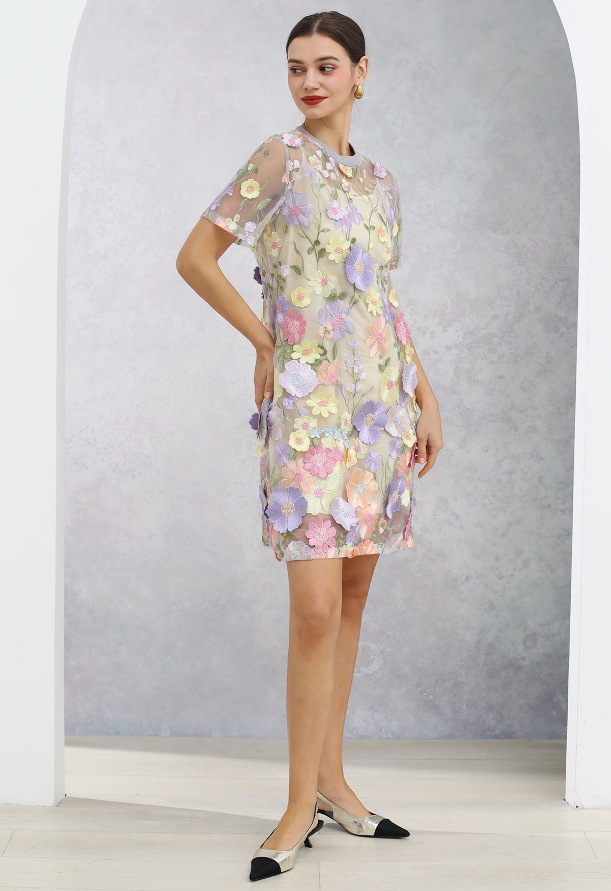 3D Floral Applique Sheer Mesh Cover-Up Dress in Lavender