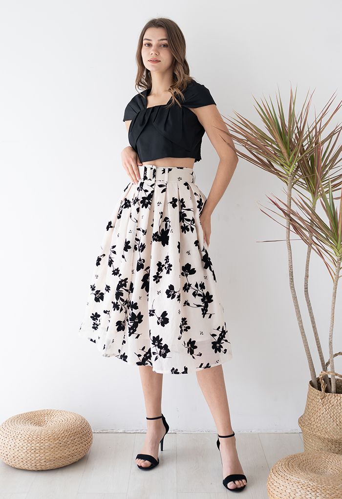 Black Velvet Floral Pleated Belted Midi Skirt