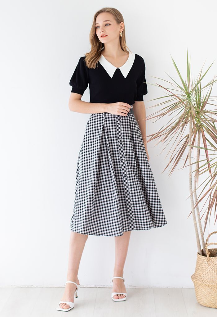 Belted Button Trim Flare Midi Skirt in Gingham