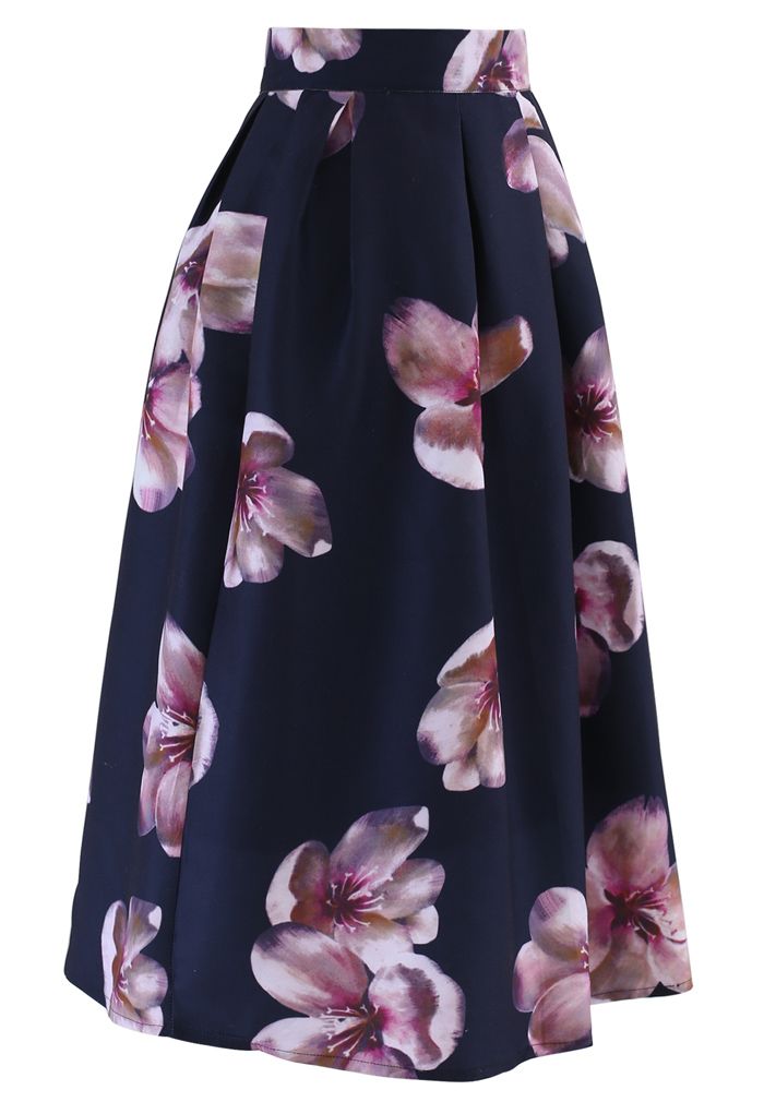 Peach Blossom Midi Skirt in Navy - Retro, Indie and Unique Fashion
