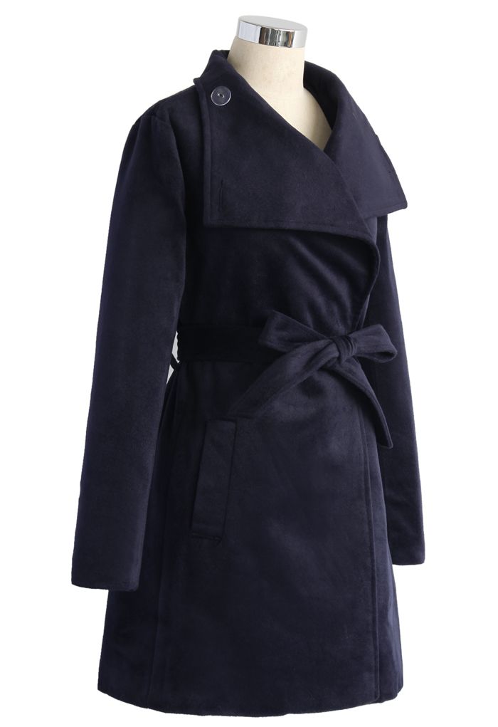 Urban Chic Belted Woolen Coat in Navy