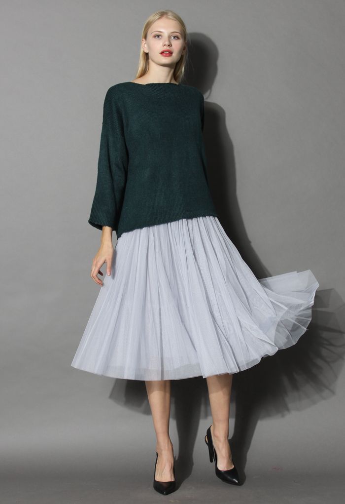 Ethereal Tulle Mesh Midi Skirt in Grey