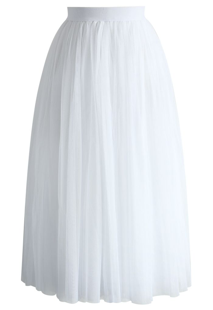 Ethereal Tulle Mesh Midi Skirt in White 