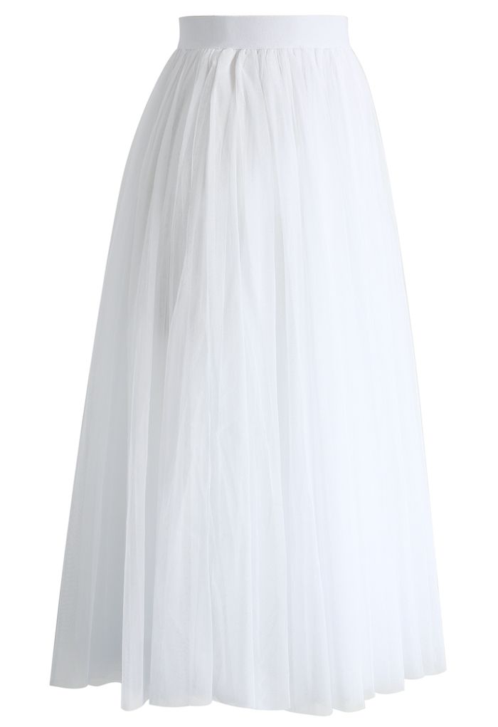 Ethereal Tulle Mesh Midi Skirt in White 