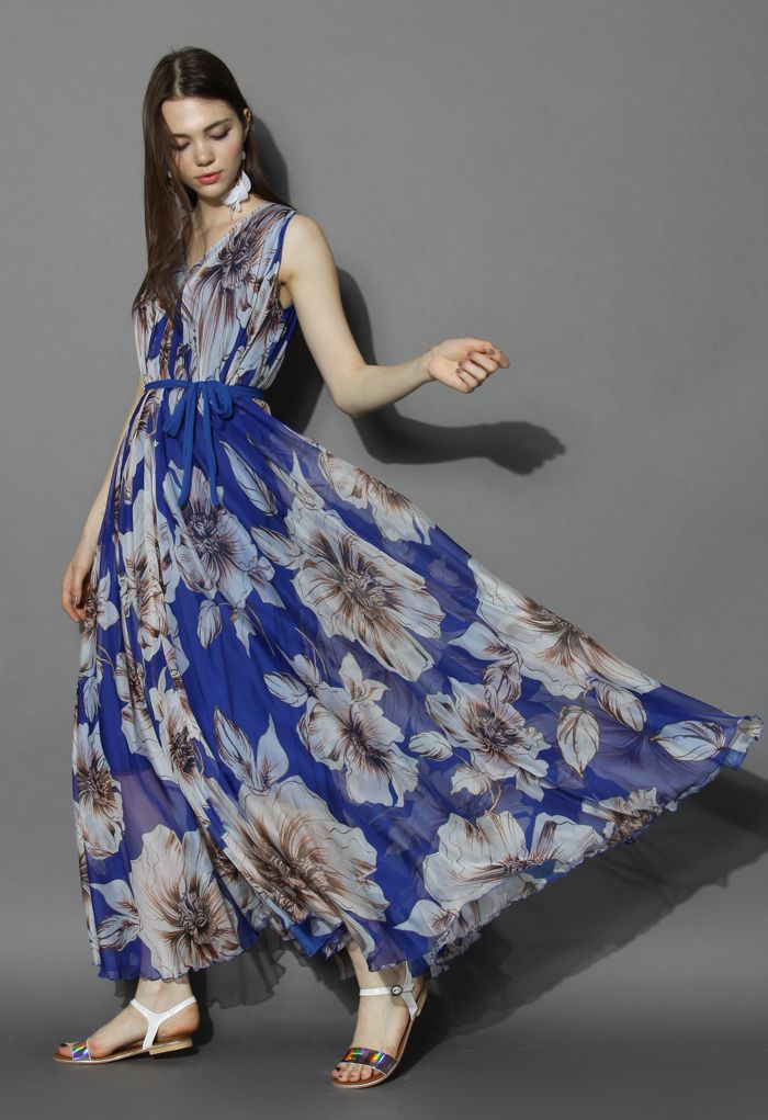 Marvelous Floral Chiffon Maxi Dress in Blue