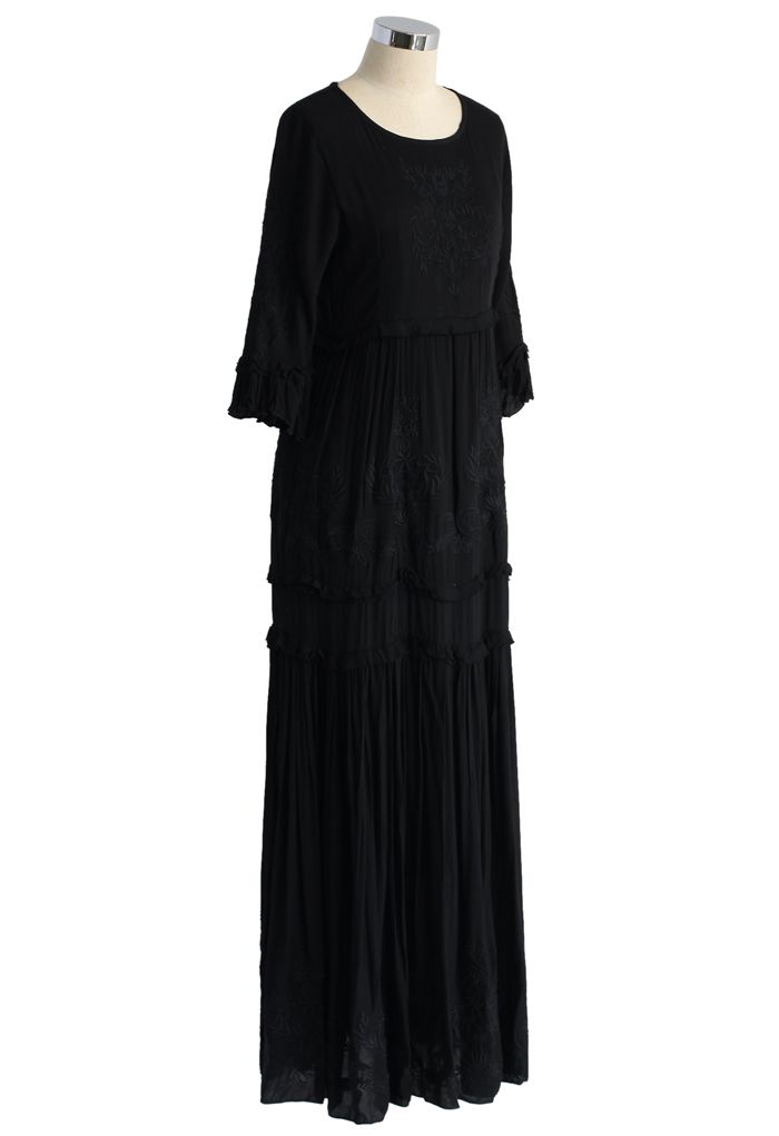 Grace Vines Embroidered Maxi Dress in Black