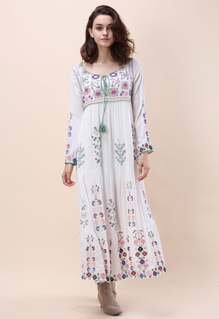 White Flowerland Embroidered Maxi Dress - Retro, Indie and Unique Fashion