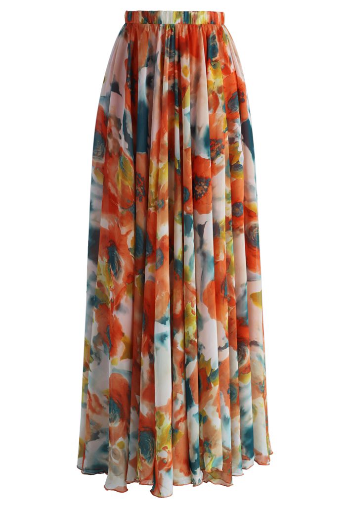 Orange Blossom Watercolor Maxi Skirt