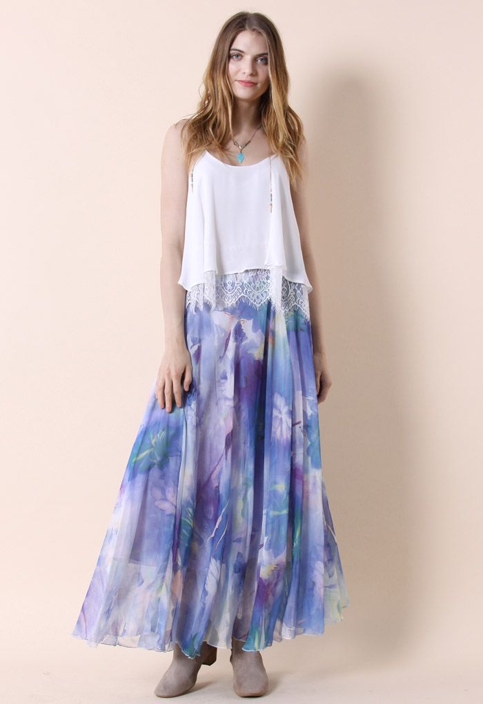 Dancing Watercolor Floral Maxi Skirt in Violet