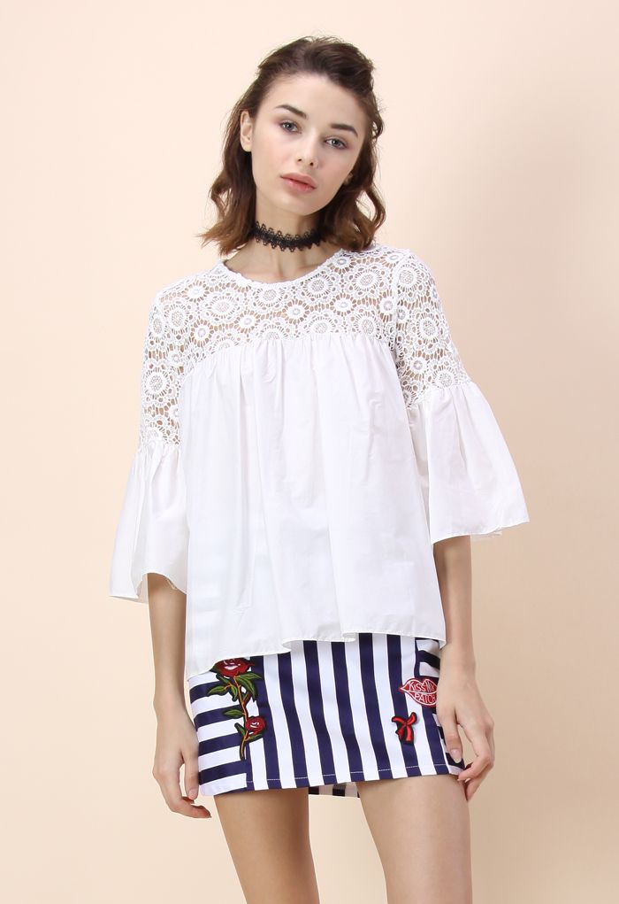 Floral Crochet Panel Dolly Top with Bell Sleeves
