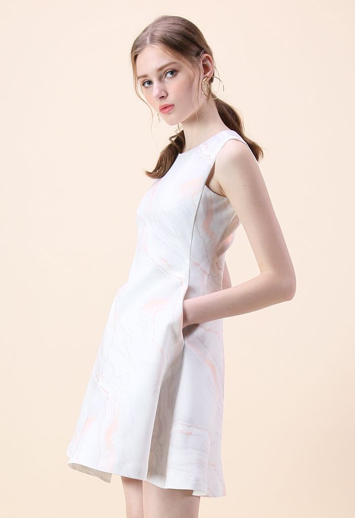 Milky White Marble Sleeveless Flare Printed Dress