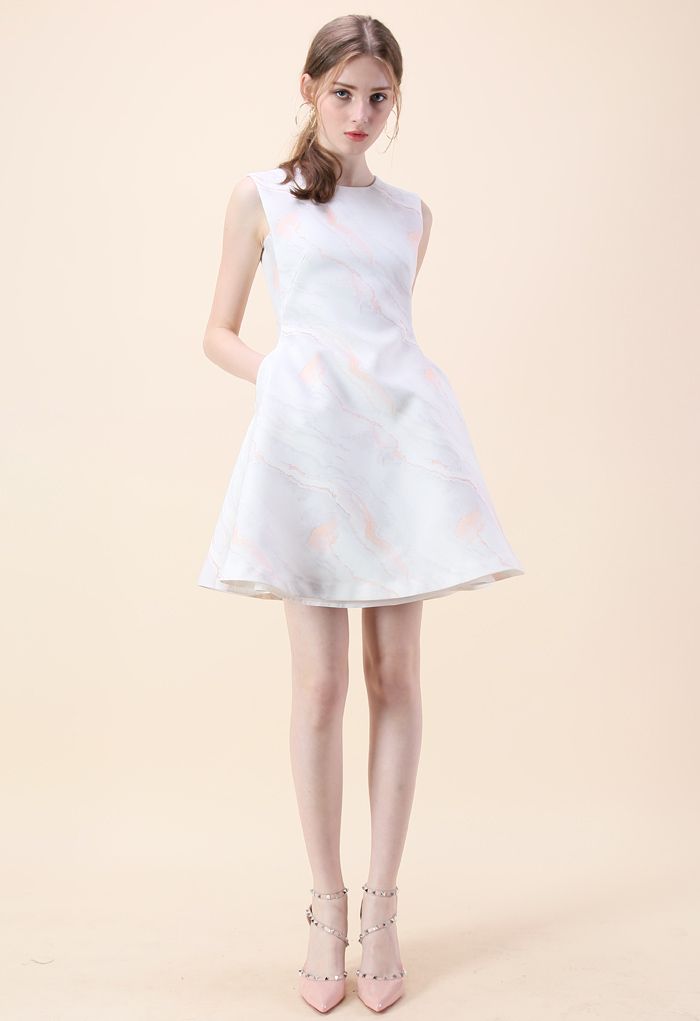 Milky White Marble Sleeveless Flare Printed Dress