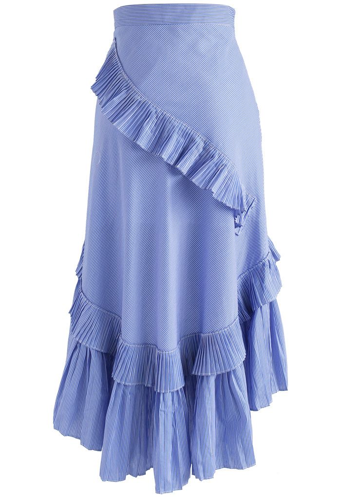 Applause of Ruffle Tiered Frill Hem Skirt in Blue Stripes