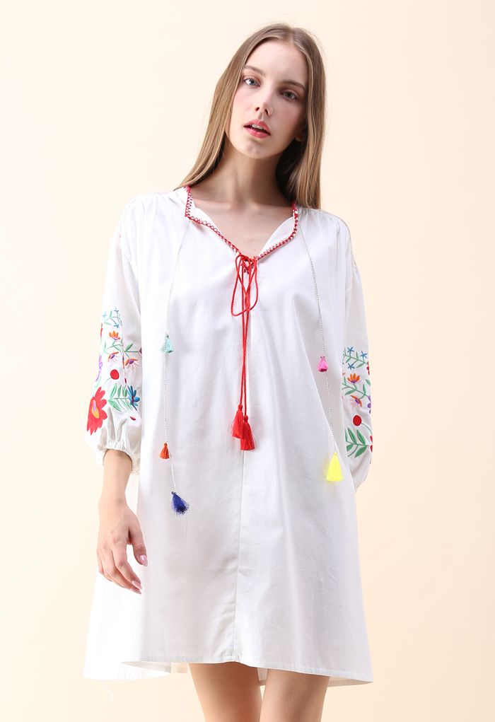 Wild Flowers Embroidered Dress with Tassels