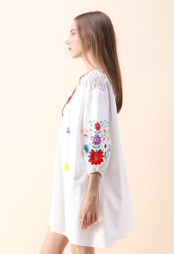 Wild Flowers Embroidered Dress with Tassels