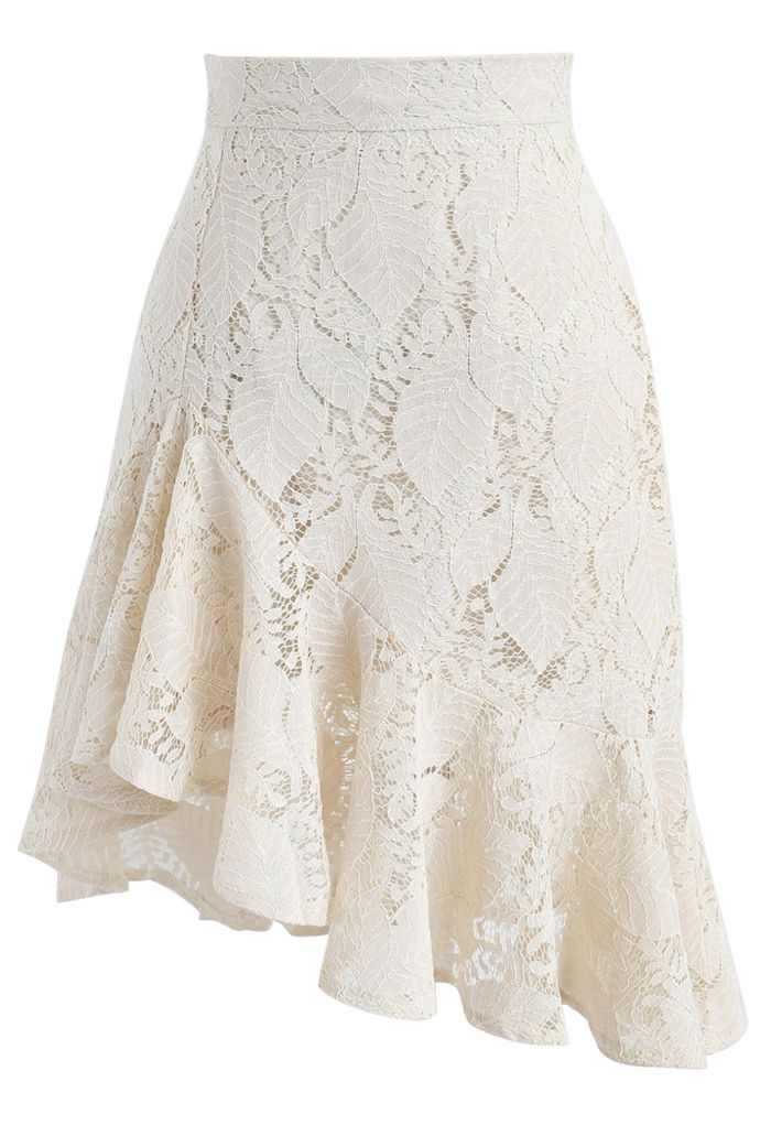 Paradisiacal Asymmetric Frill Hem Lace Skirt in Ivory