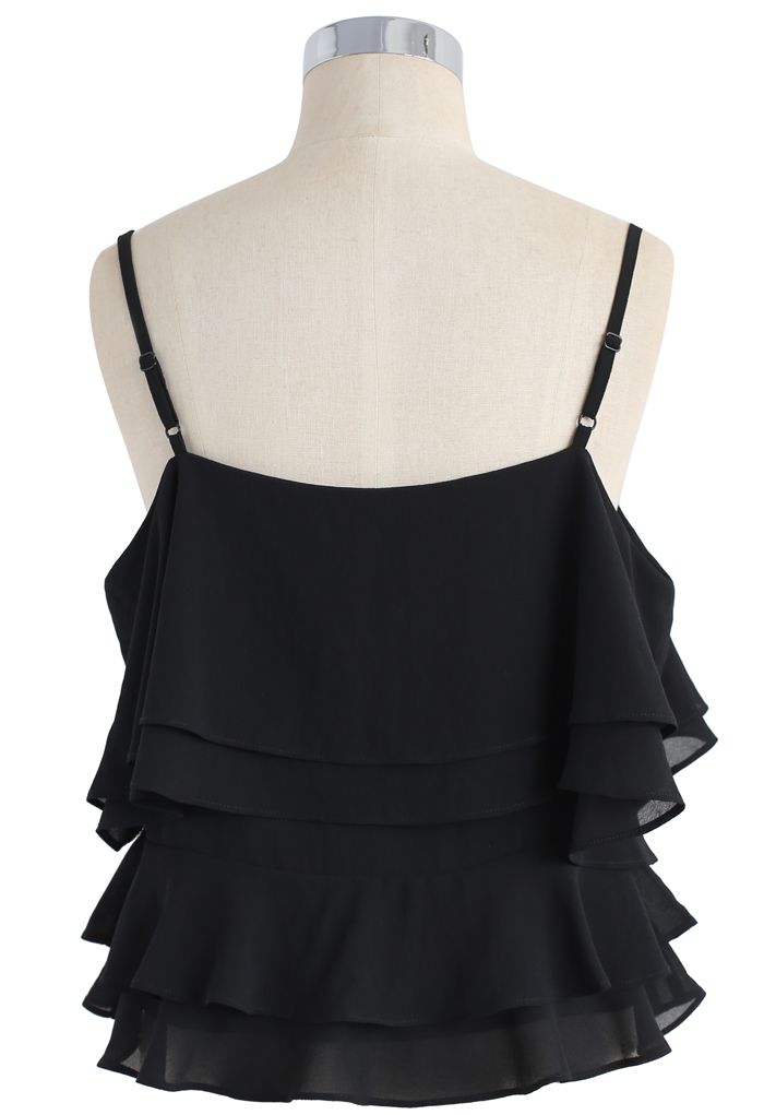 Tiered Animation Chiffon Cold-shoulder Top in Black