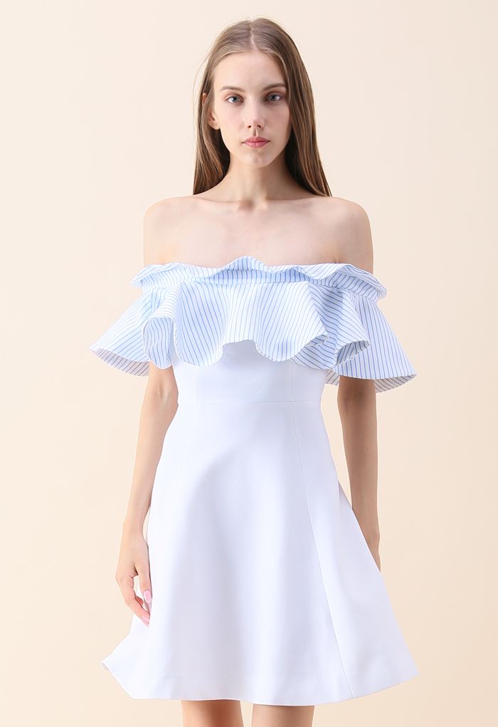Nifty Breeze Off-shoulder Dress in Blue Stripe