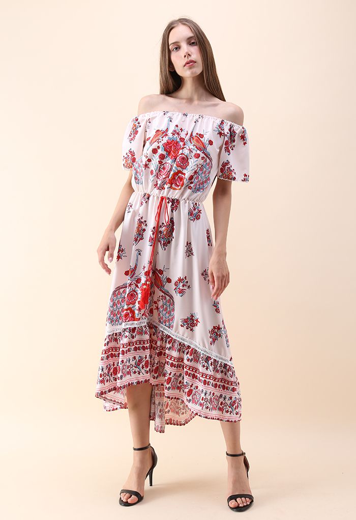 Flower and  Peacock Off-Shoulder Chiffon Dress