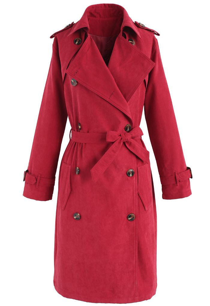 Refined Double-breasted Trench Coat in Berry