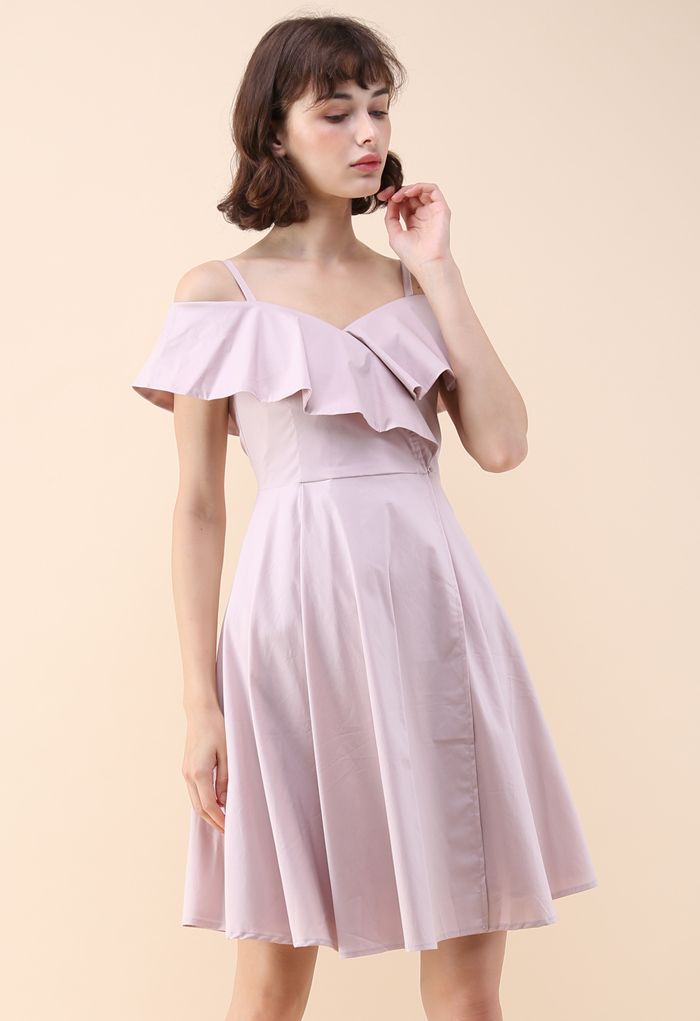 Appealing Sweet Frilling Cold-Shoulder Flap Dress in Pink