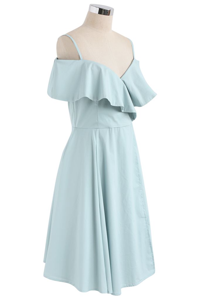 Appealing Sweet Frilling Cold-Shoulder Flap Dress in Mint