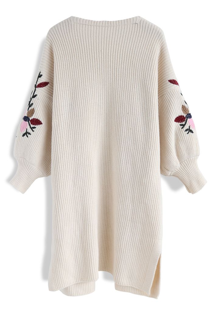 Bloom on Sleeves Embroidered Knit Cardigan in Cream