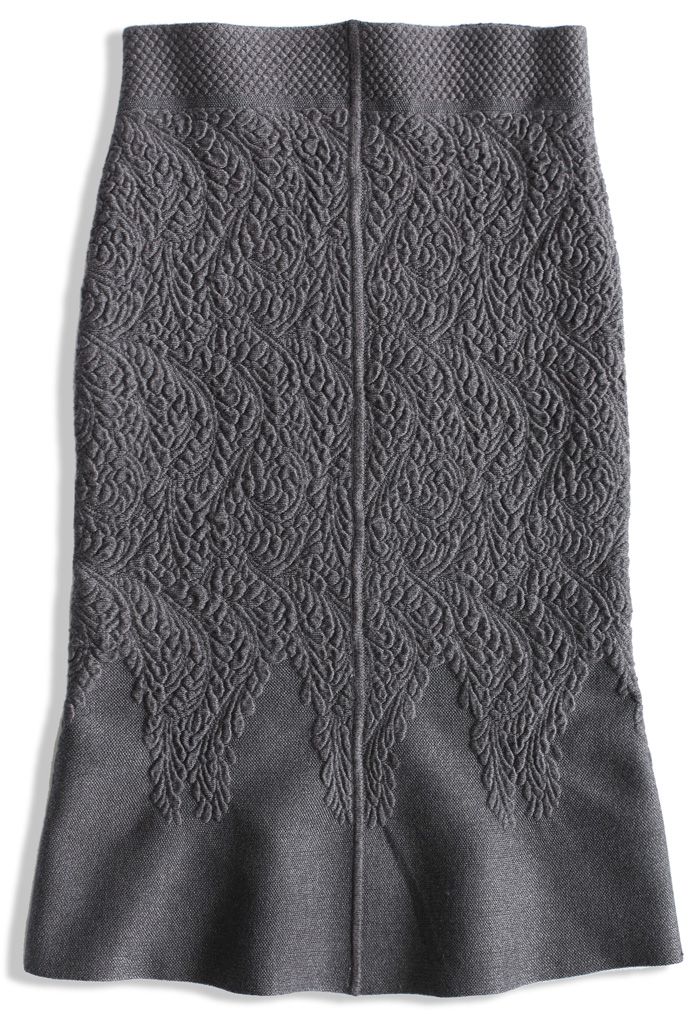Baroque Glamour Embossed Knitted Pencil Skirt in Grey